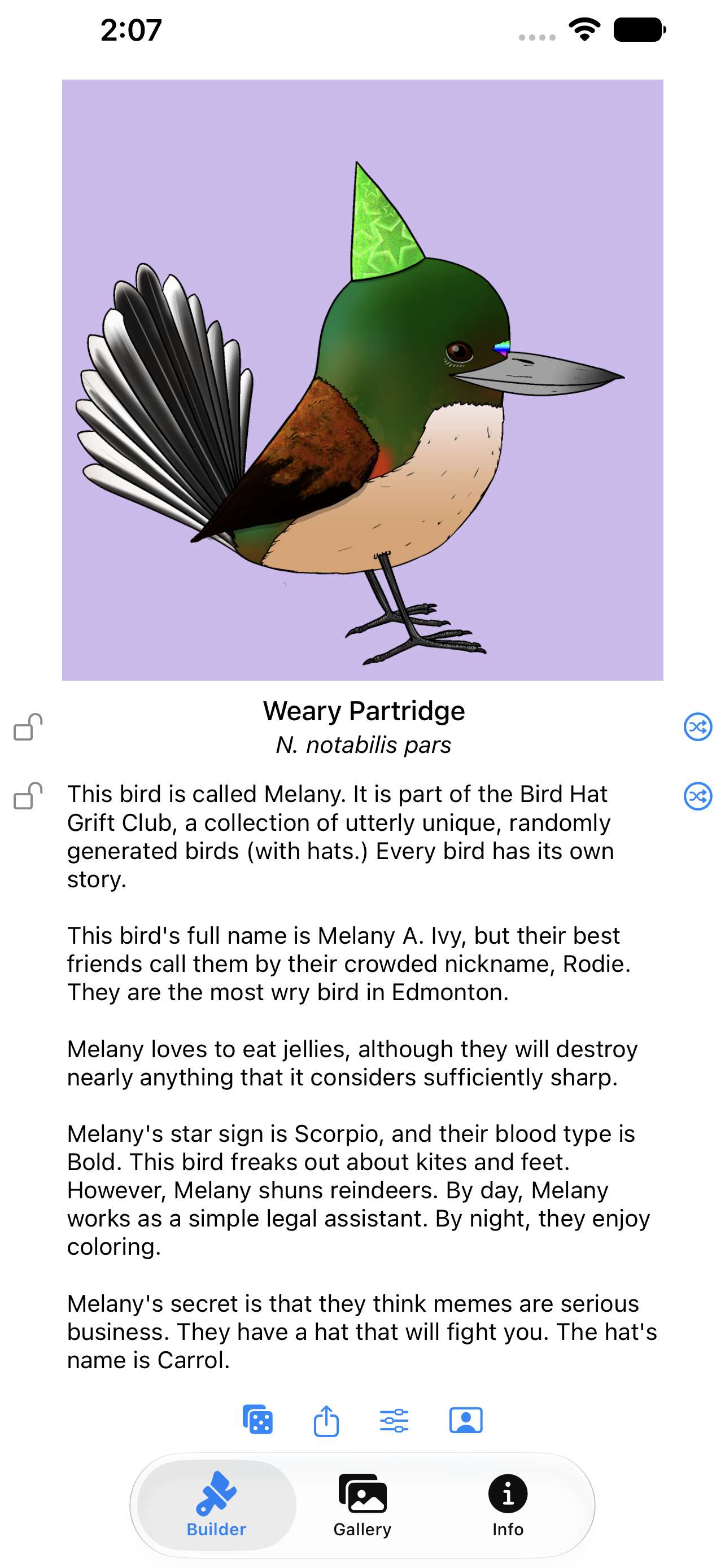 Random bird (with hat) with name and backstory